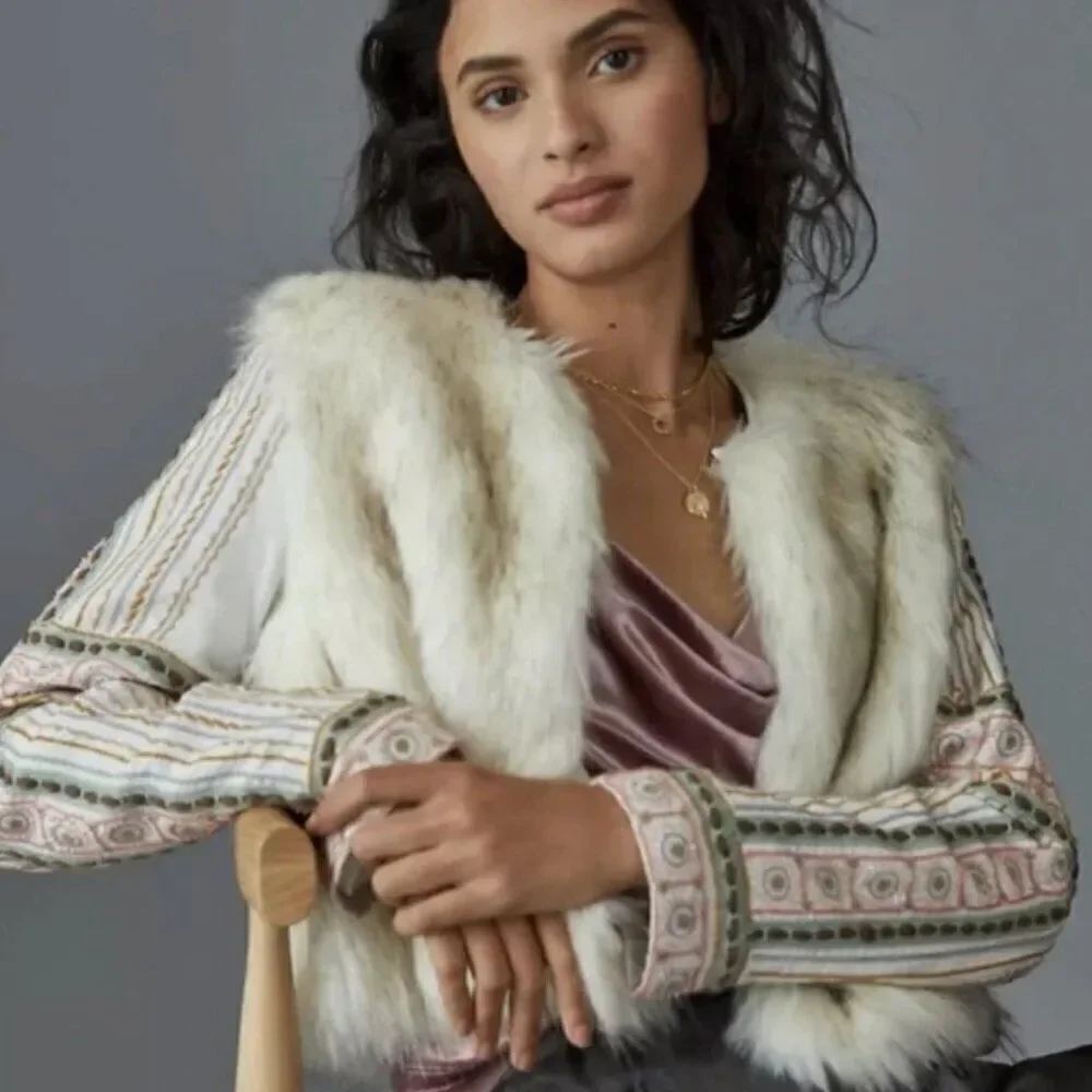 Bl^nk London x Anthropologie NWOT Embroidered Beaded Cropped Faux Fur Jacket XS